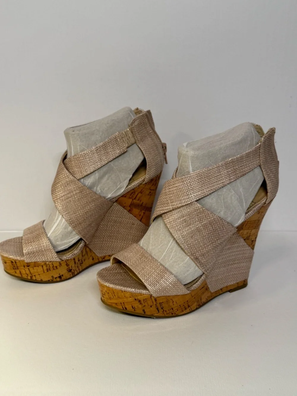 BCBGeneration Gold Linen Raffia Cork Wedge Sandals Size 6B